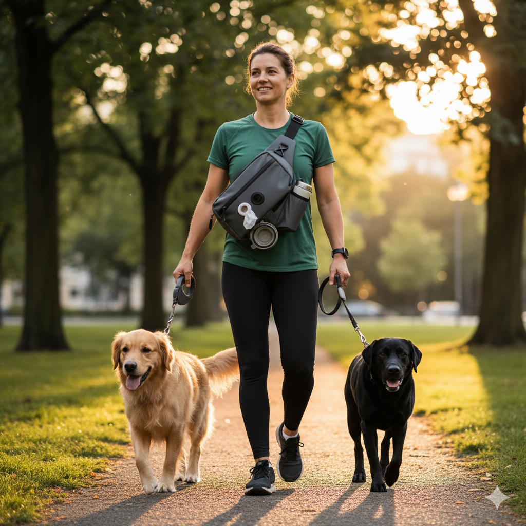 A person wearing a sleek crossbody sling bag designed for dog walking
