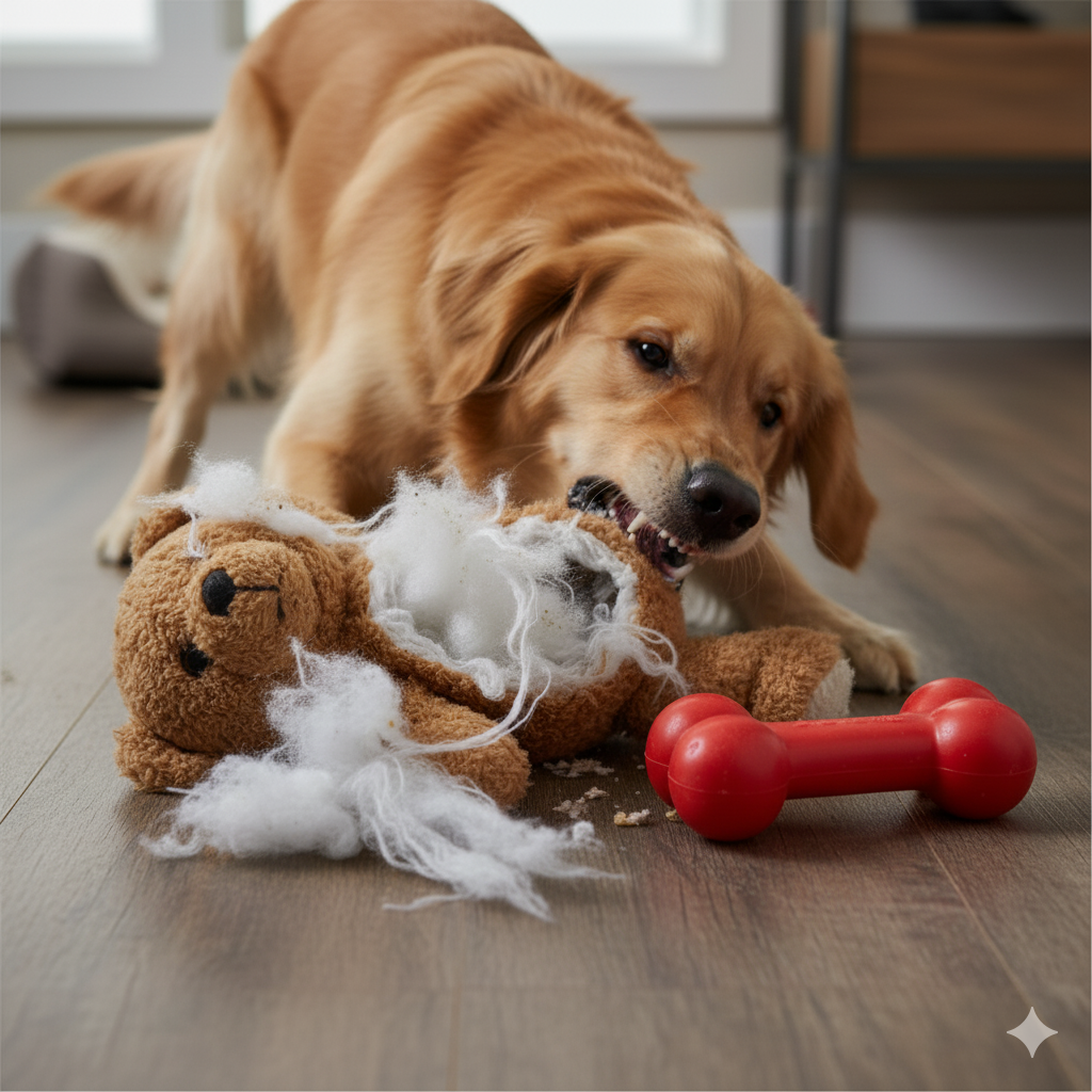 a destroyed dog toy with stuffing coming out next to an intact solid rubber toy