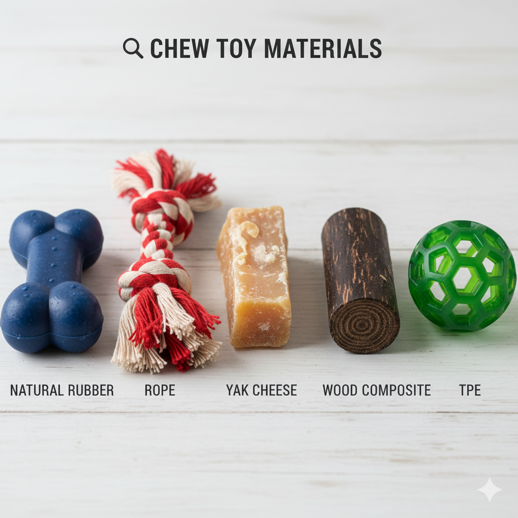 a close-up comparison of different chew toy materials like rubber and nylon