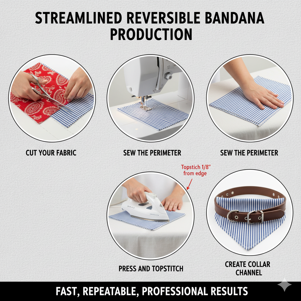 A step-by-step graphic showing the process of sewing a reversible bandana