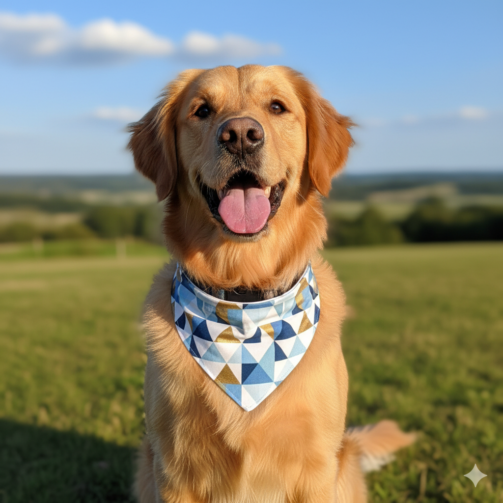 A happy dog wearing a perfectly fitted over-the-collar bandana