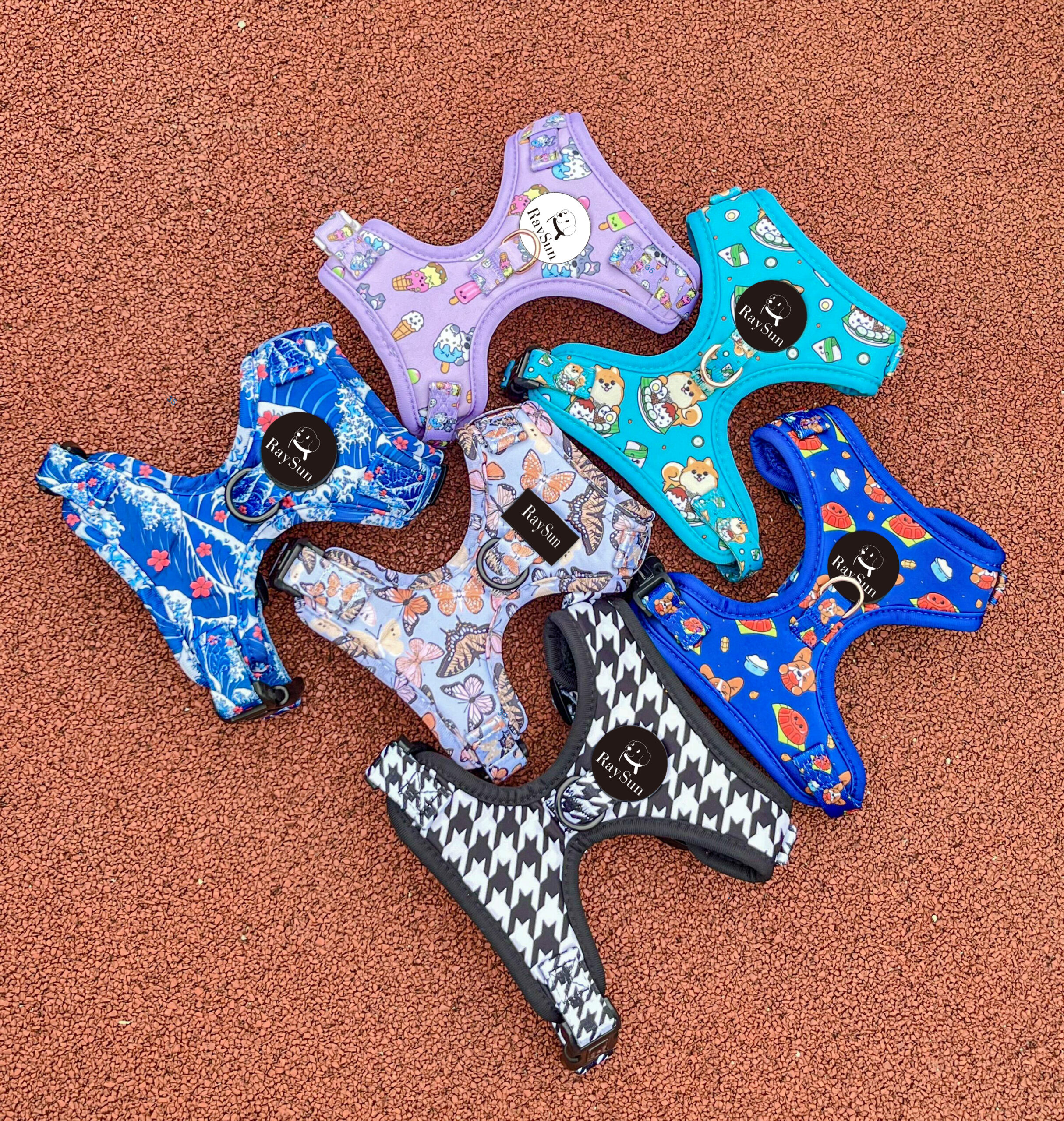 a collection of different types of dog harnesses for walking