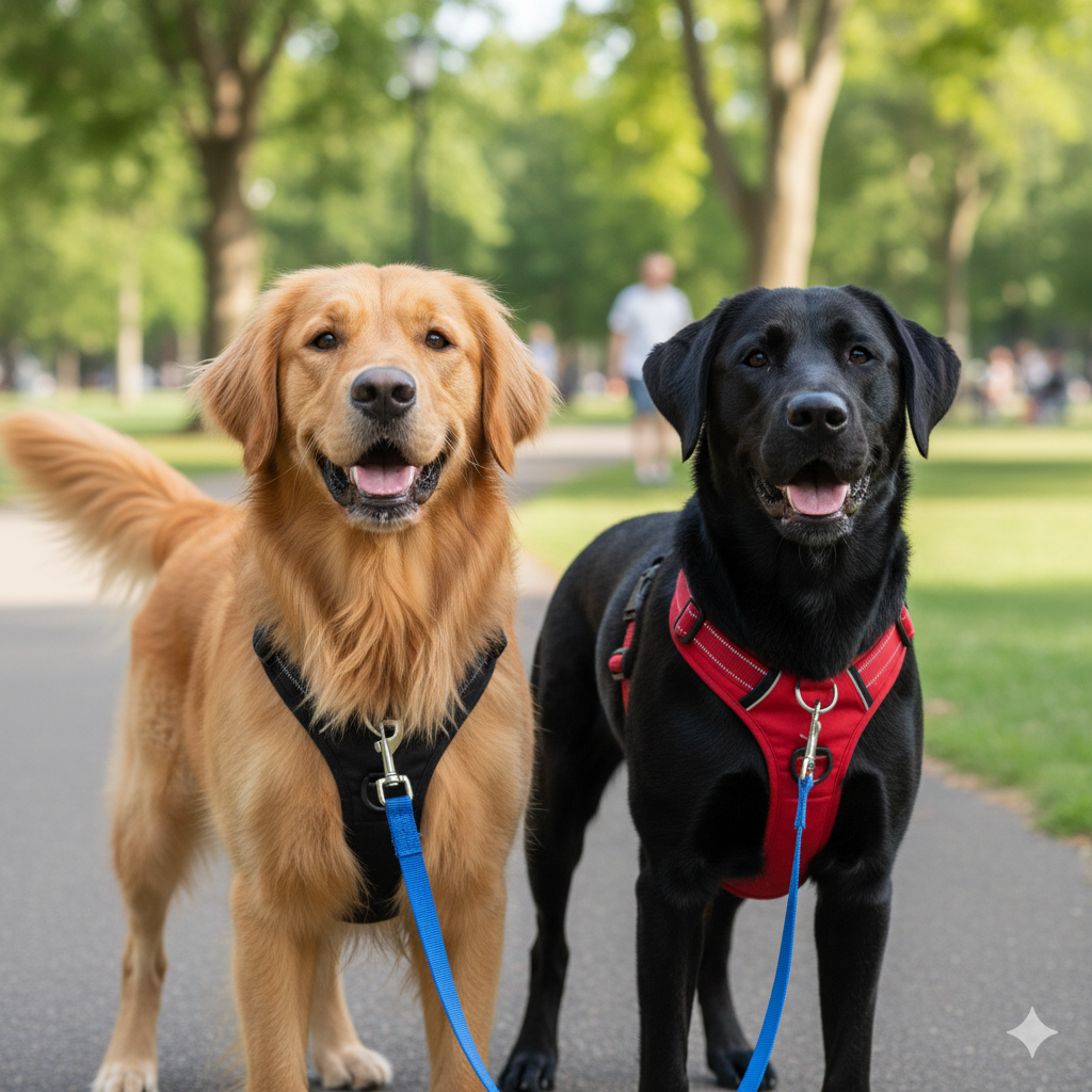 a dog wearing a front-clip harness and a dog wearing a back-clip harness side-by-side