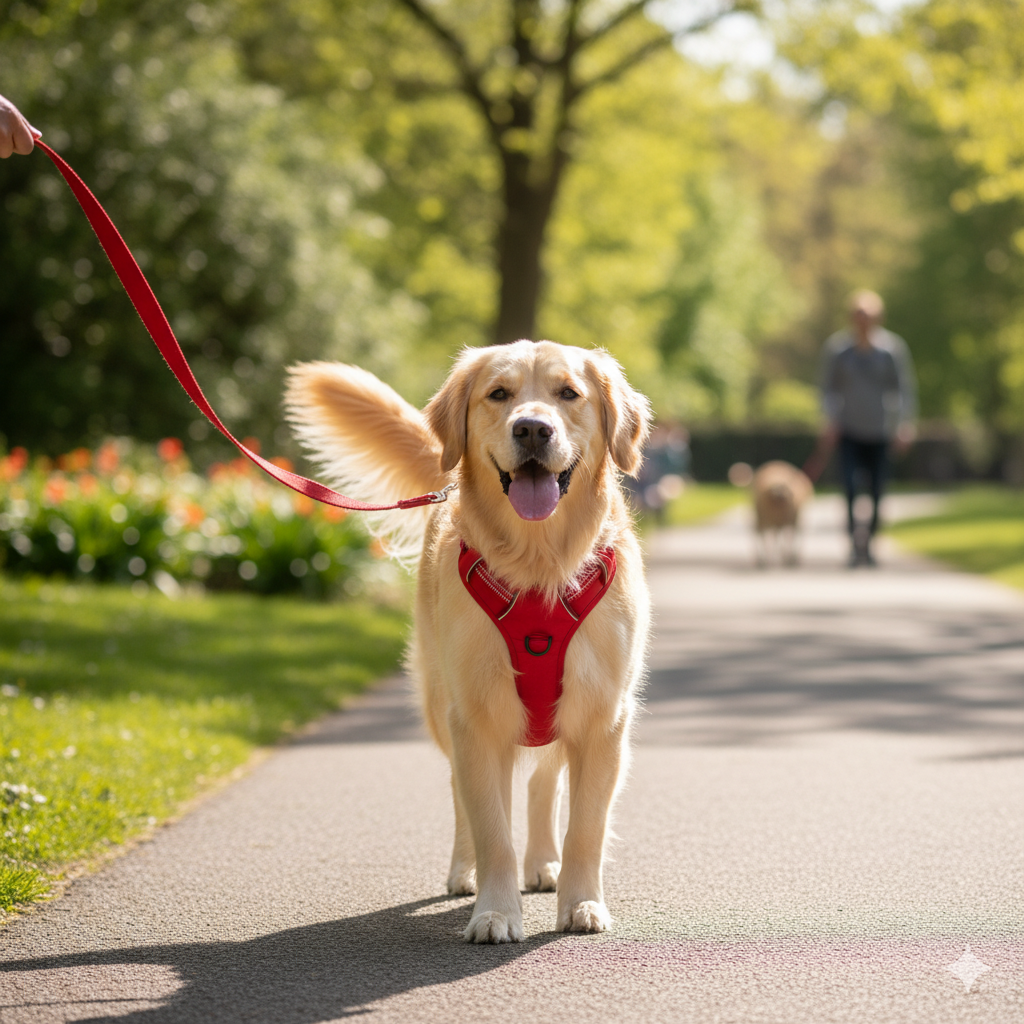 A happy dog walking on a leash with a perfectly fitted Y-shaped harness.