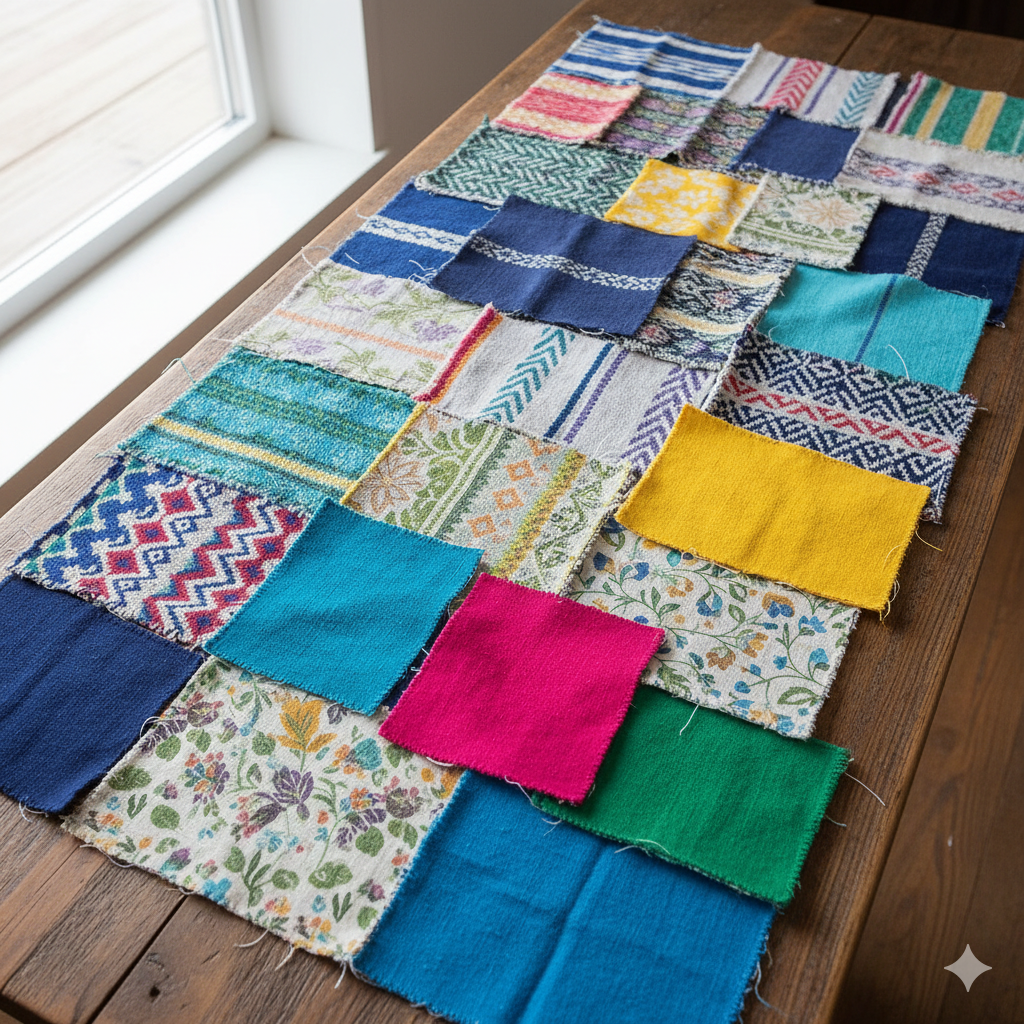 A collection of colorful woven cotton and cotton-blend fabric swatches