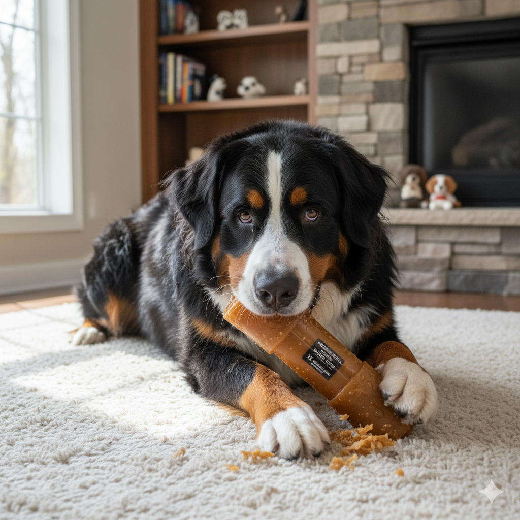 a large dog chewing on an appropriately sized chew toy that cannot be swallowed