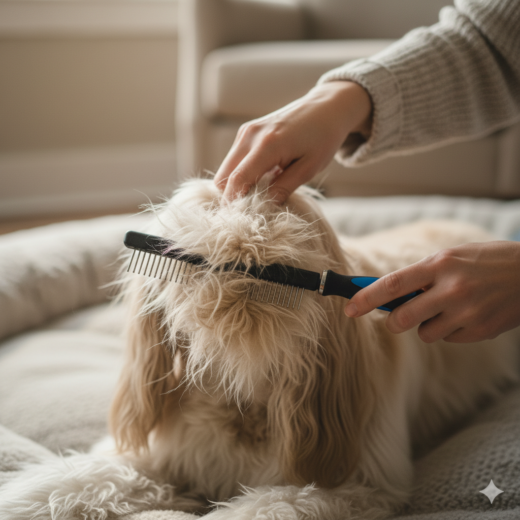 A close-up photo showing hands holding the base of a dog's matted fur while using a comb.