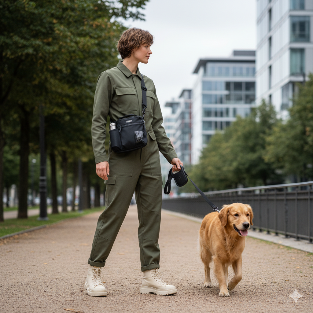 A stylish person walking their dog using a functional and sleek dog walking bag