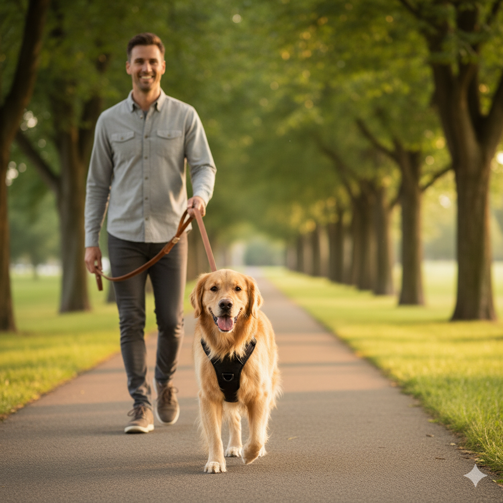A happy dog walking calmly next to its owner, wearing a well-fitted front-clip harness.