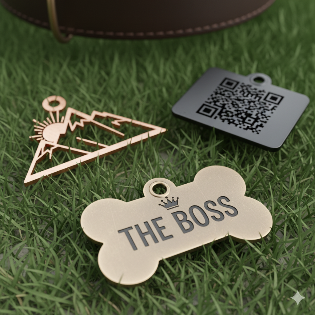 A collection of tags showing a custom mountain shape, a QR code, and a tag with the nickname The Boss.