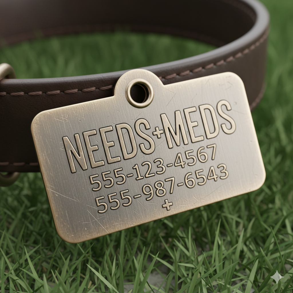 A close-up of a well-designed tag showing phone numbers and the words Needs Meds.