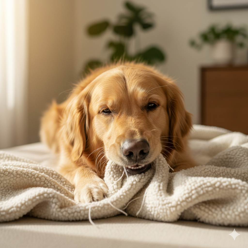A golden retriever gently chewing the corner of a soft blanket.