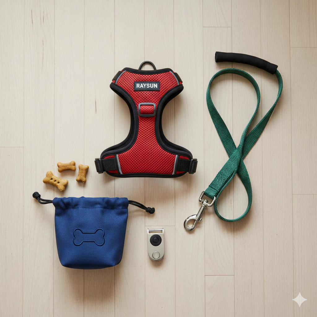 A flat lay of training essentials: a Y-shaped harness, a 6-foot leash, and a pouch of treats.