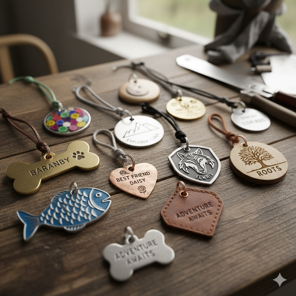 A collection of unique, personalized dog tags in different shapes and materials.