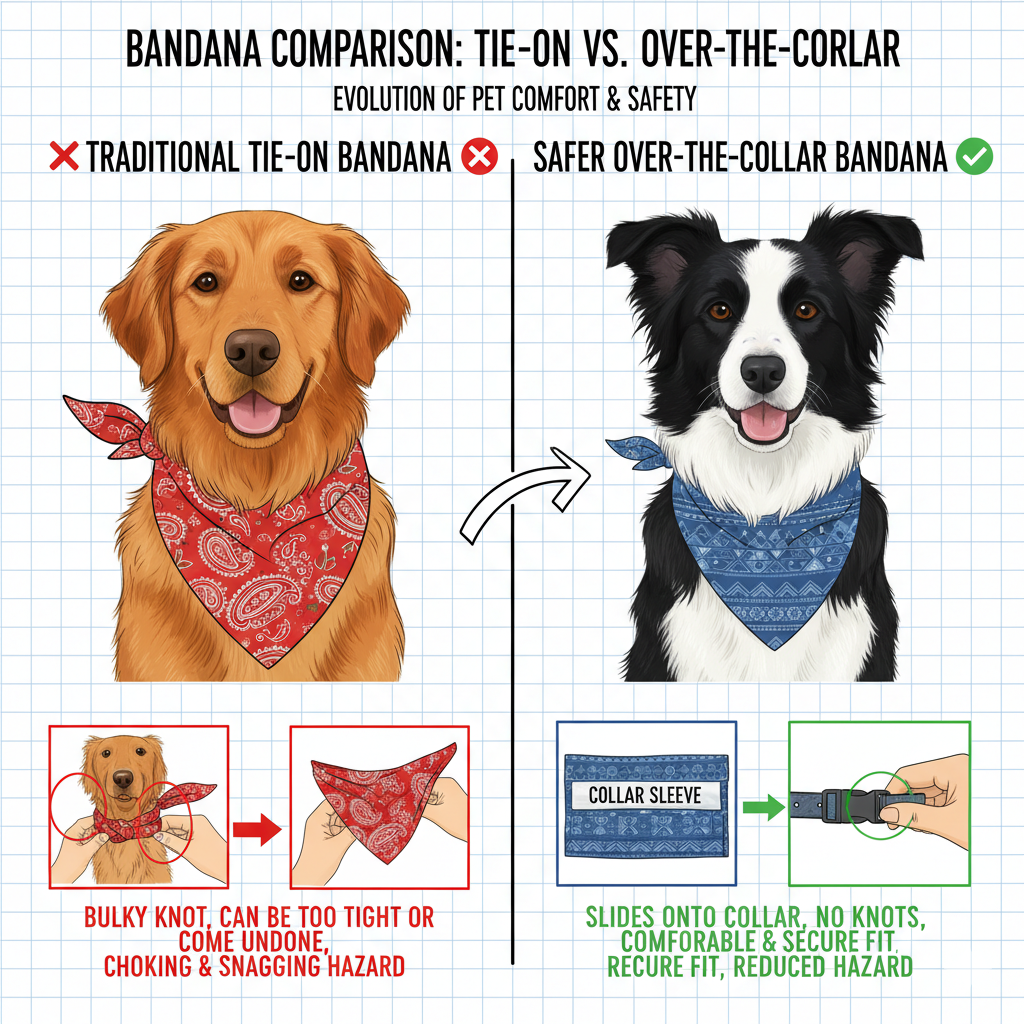 A diagram comparing a tie-on bandana with a safer, sleeker over-the-collar bandana