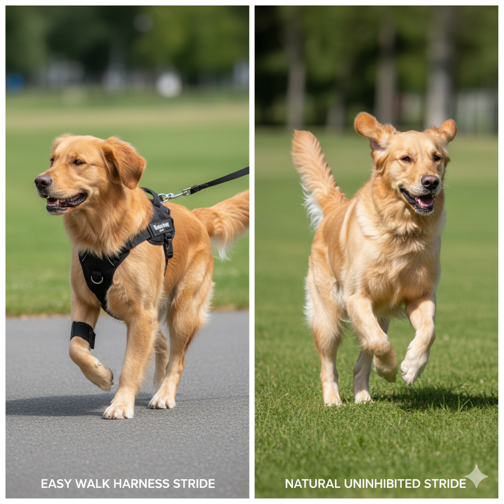 A side-by-side comparison of a dog's stride in an Easy Walk harness versus its uninhibited natural stride.