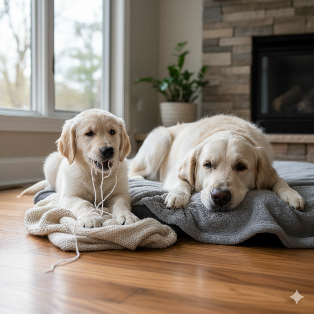 A puppy chewing a blanket next to an adult dog resting its head on a blanket.