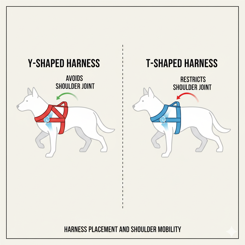 A diagram showing how a Y-shaped harness avoids the dog's shoulder joint compared to a T-shaped harness.