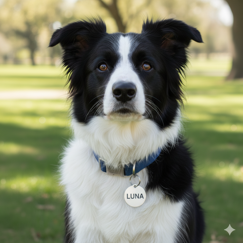 A dog wearing a collar with a tag where the name is visible.
