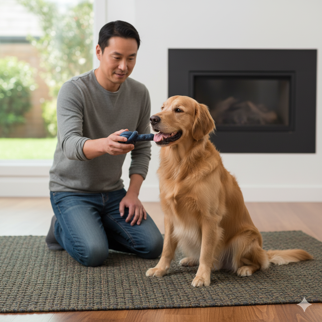 A person offering a durable chew toy to a dog sitting on a blanket.