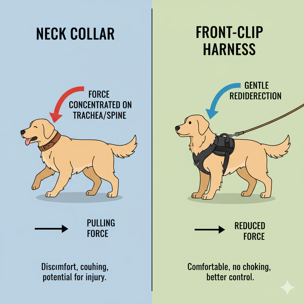 A diagram comparing the pulling forces of a neck collar versus a front-clip harness.