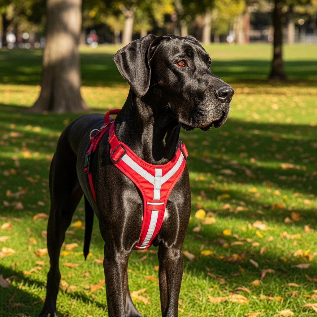 A Great Dane wearing a well-fitted Y-shaped dog harness