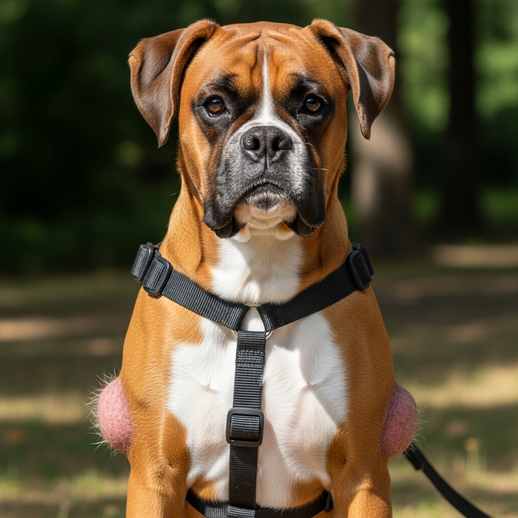 A poorly fitted harness on a Boxer dog showing chafing areas