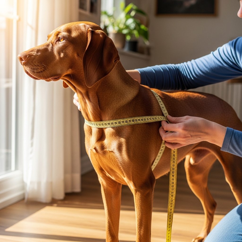 A person measuring a Vizsla dog's chest girth with a soft tape measure