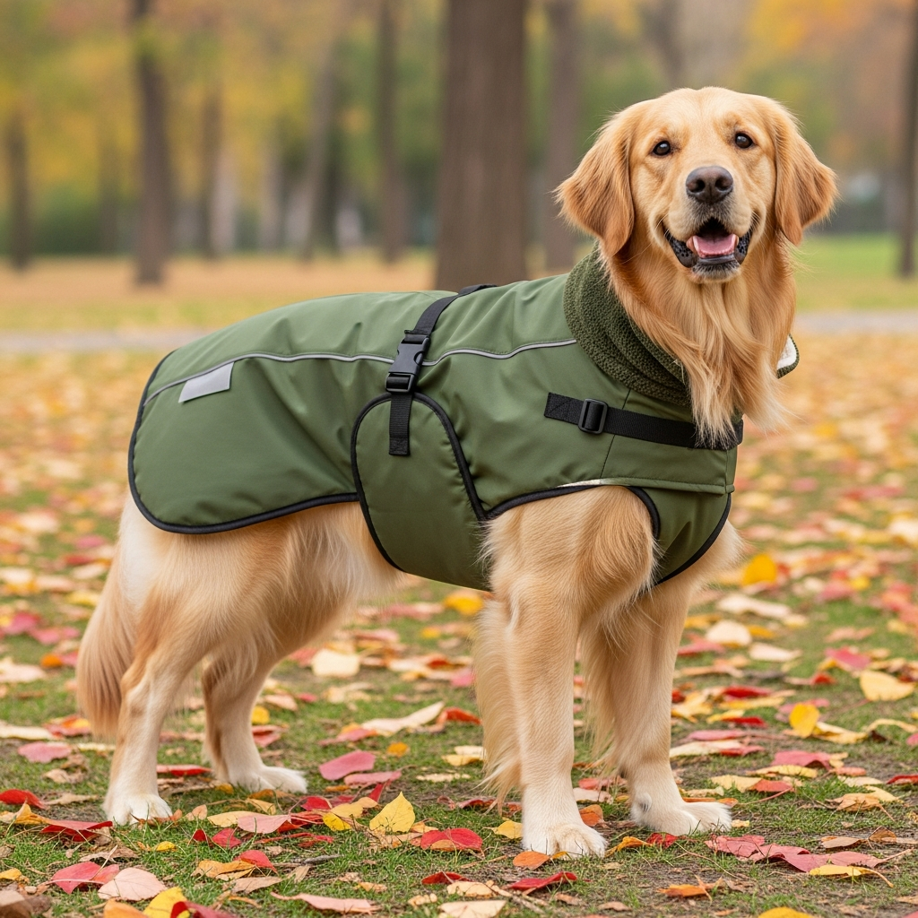A dog wearing a functional and well-fitting dog coat.