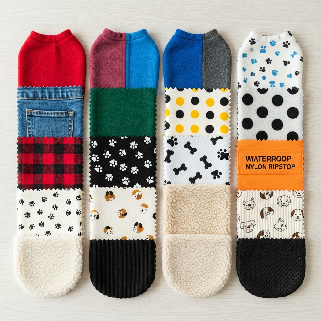 A collection of different fabric swatches suitable for dog clothes.