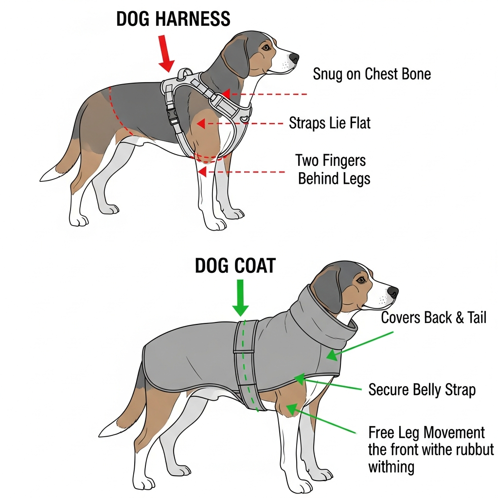A diagram showing the correct fit for a dog harness and coat.