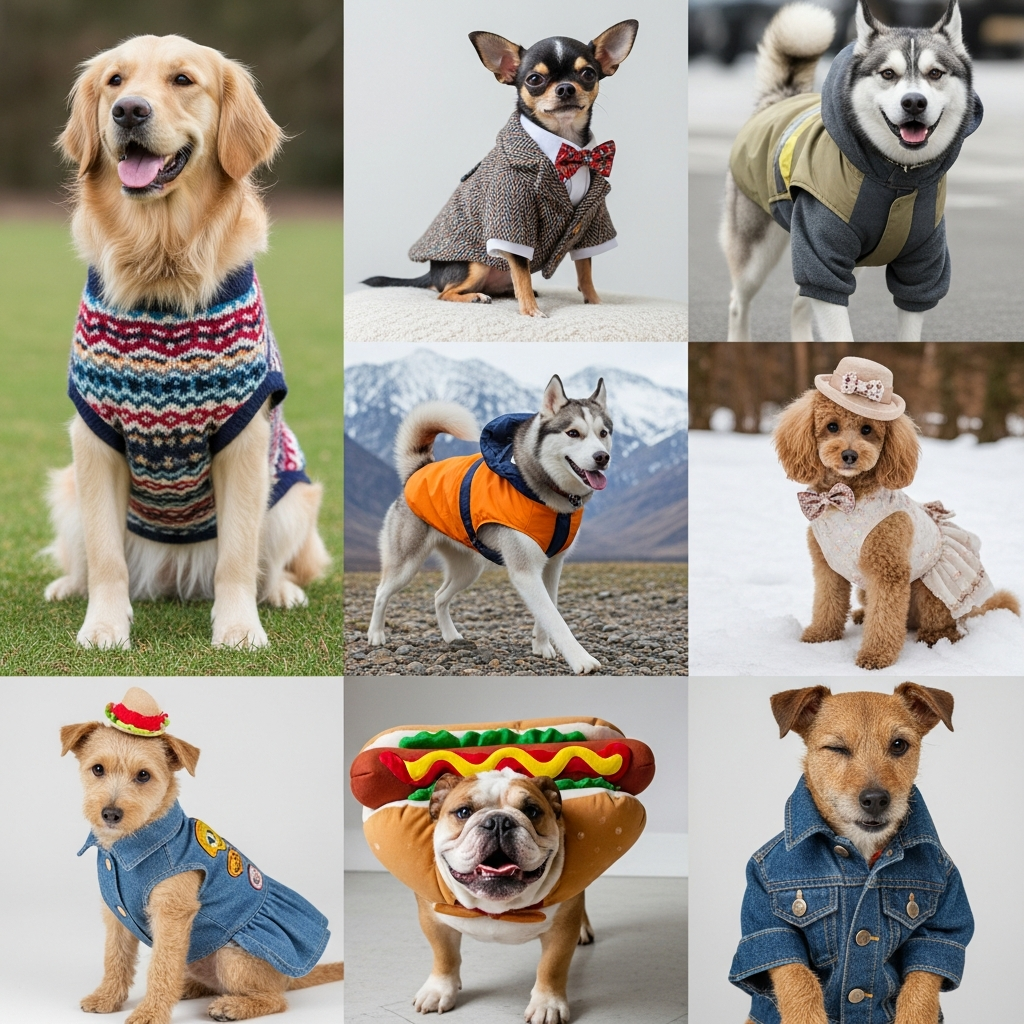 An image collage of different dog breeds wearing appropriately fitting clothes.