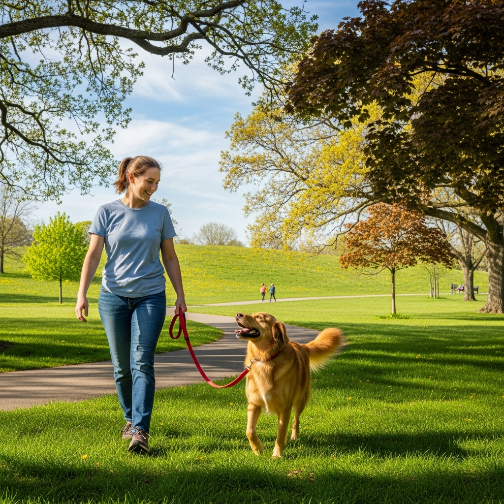 A happy person walking their dog on a loose leash in a park