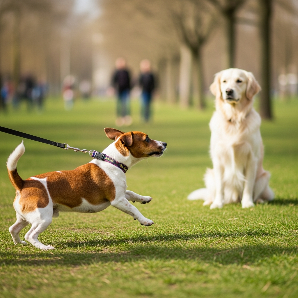 A dog pulling eagerly on its leash towards another dog