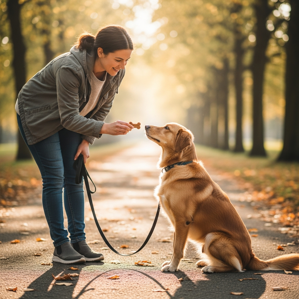 A dog owner giving their dog a treat for walking on a loose leash
