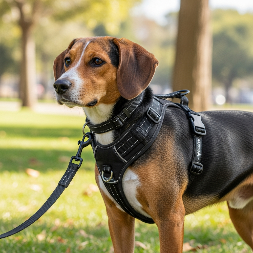 A RaysunPet dog harness with a front clip and a standard leash