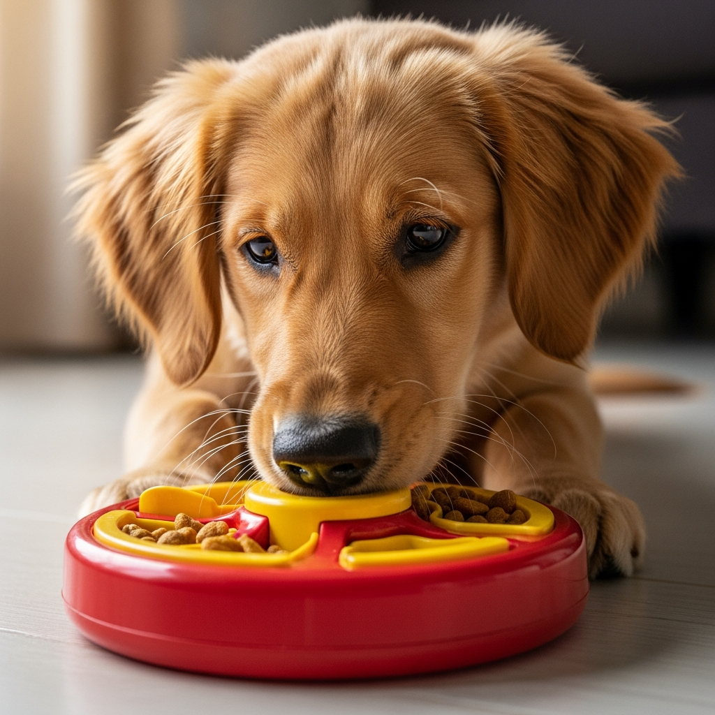 A puppy intently focused on solving a food puzzle toy.