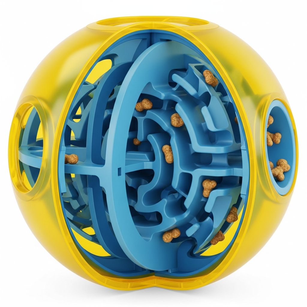 A cutaway view of a treat-dispensing ball showing the internal maze.