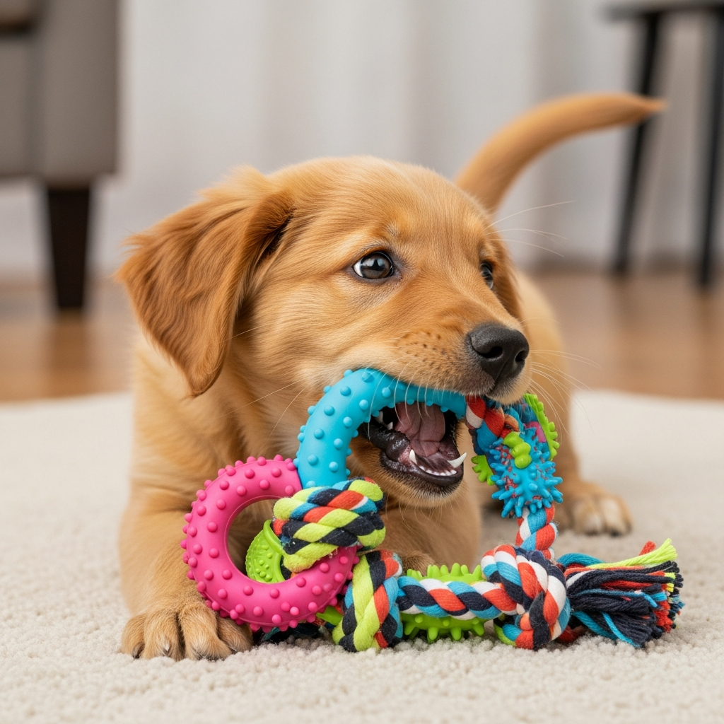 A puppy enthusiastically chewing on a multi-textured sensory toy.