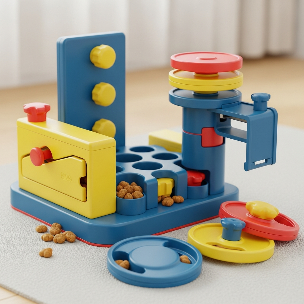 A modular dog puzzle toy with adjustable difficulty levels.