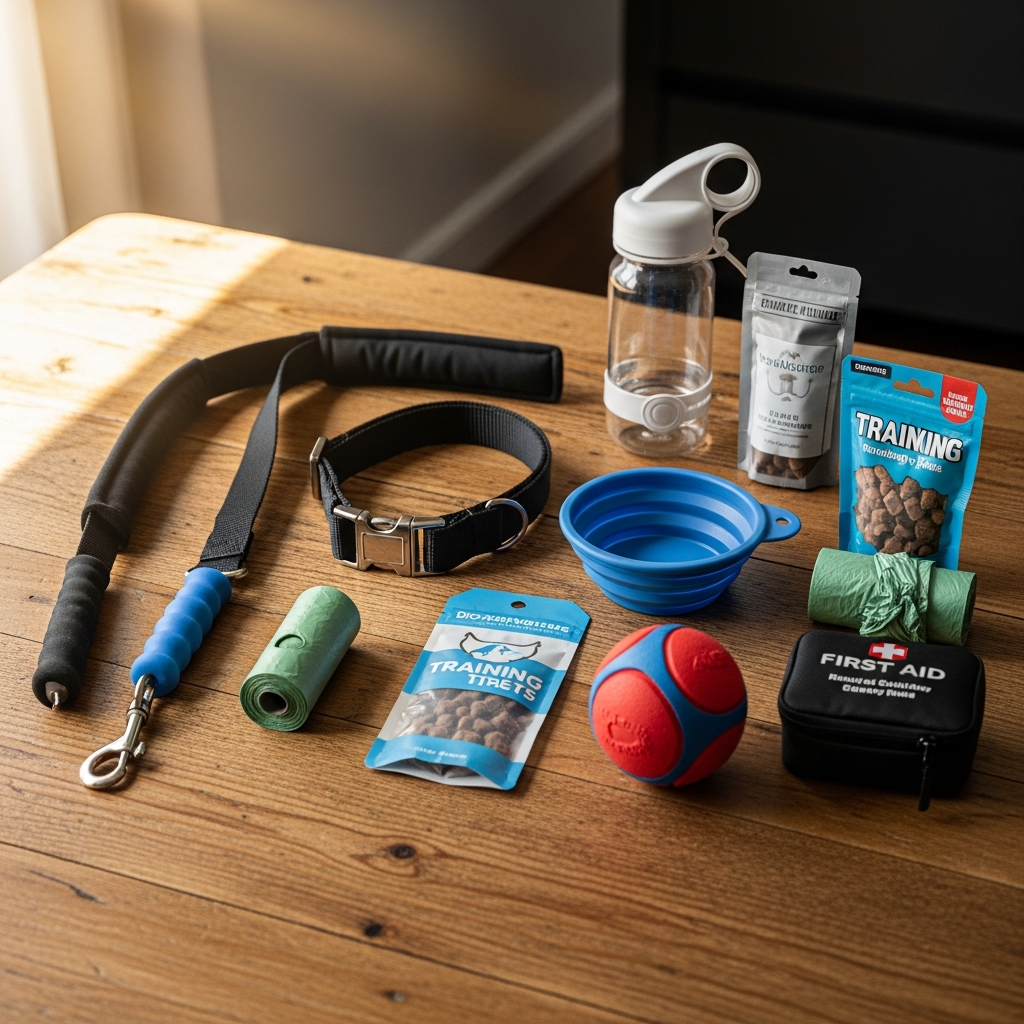A well-organized set of dog walking essentials laid out neatly.