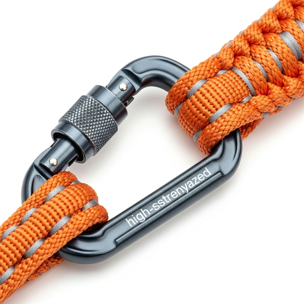 A close-up shot of a secure locking carabiner on a durable dog leash.