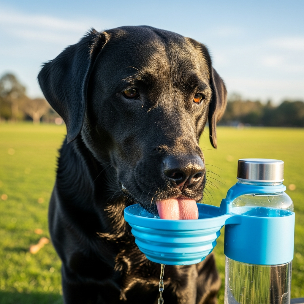 A dog drinking from an integrated water bottle and bowl combo.