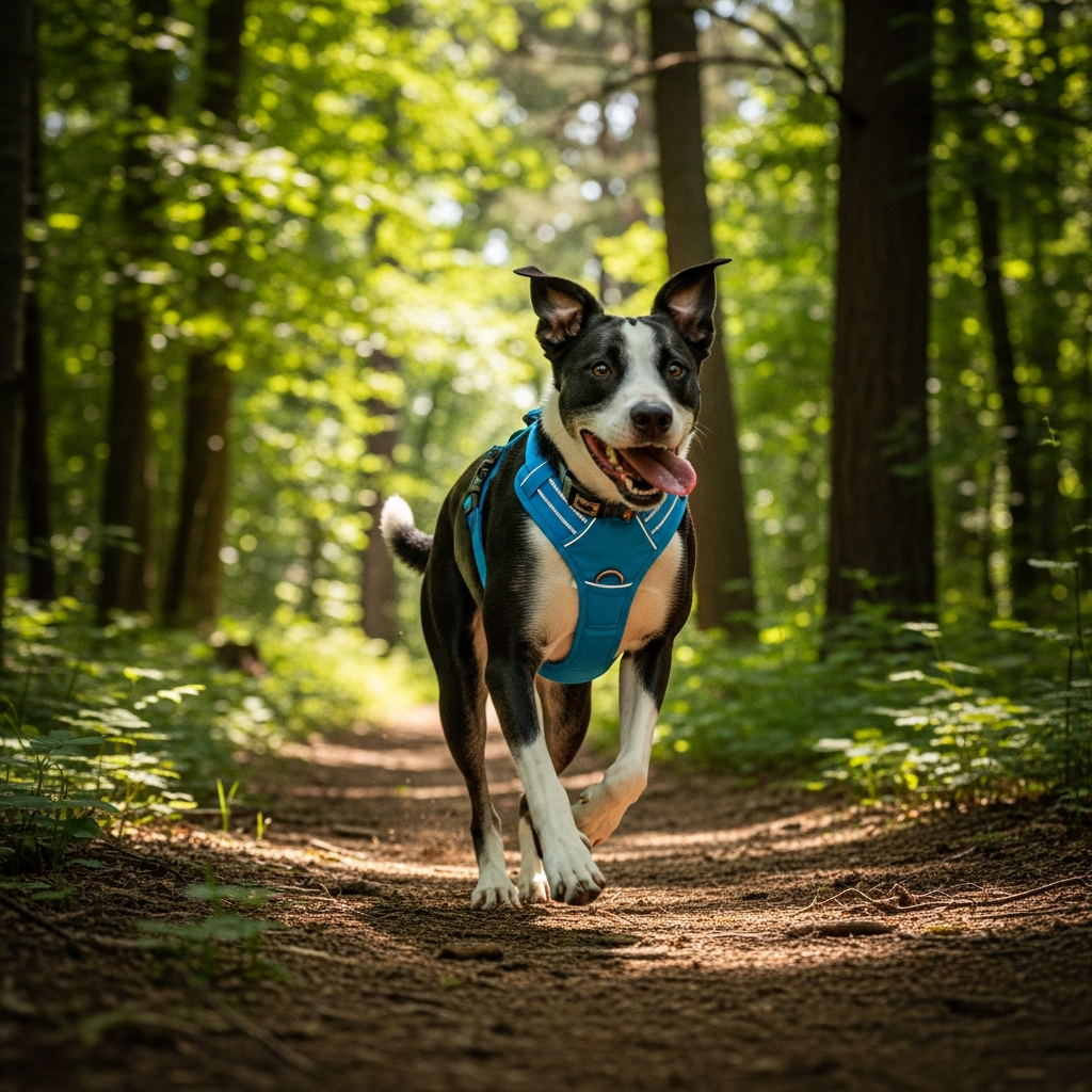 A dog happily running on a trail with a back-clip harness suitable for sports.