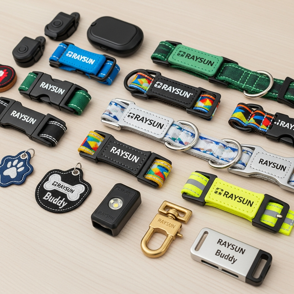 swatches of nylon, leather, and biothane collar materials