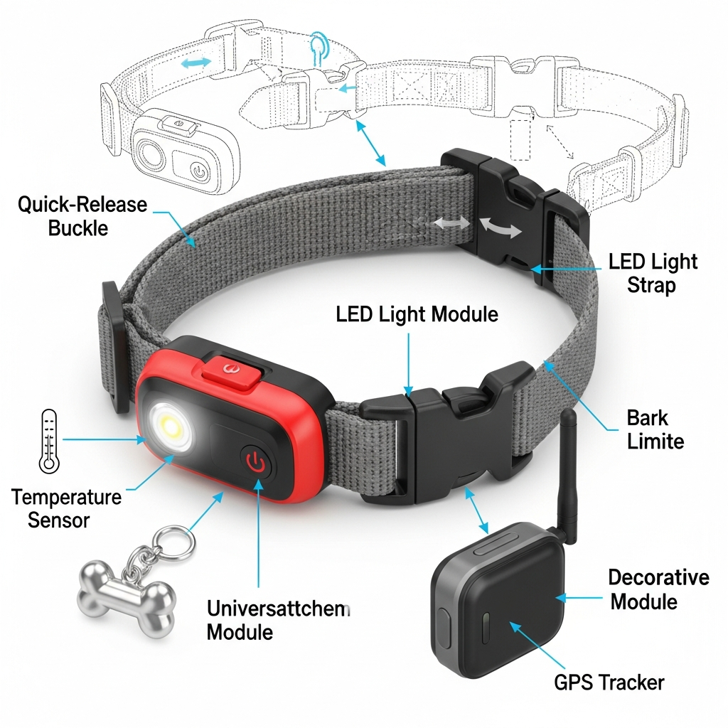 close-up shots of embroidery, laser engraving, and dye-sublimation on dog collars