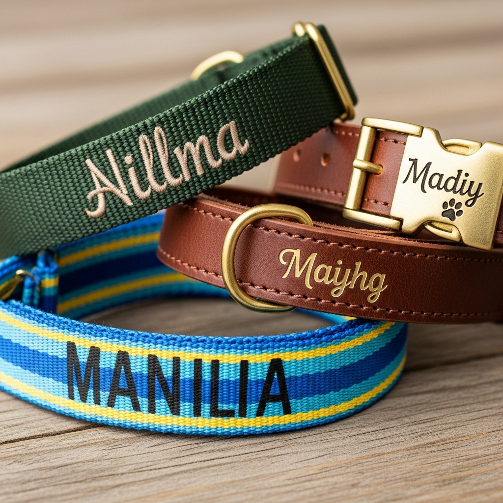 a collection of different personalized dog collars showing embroidery, engraving, and printed names