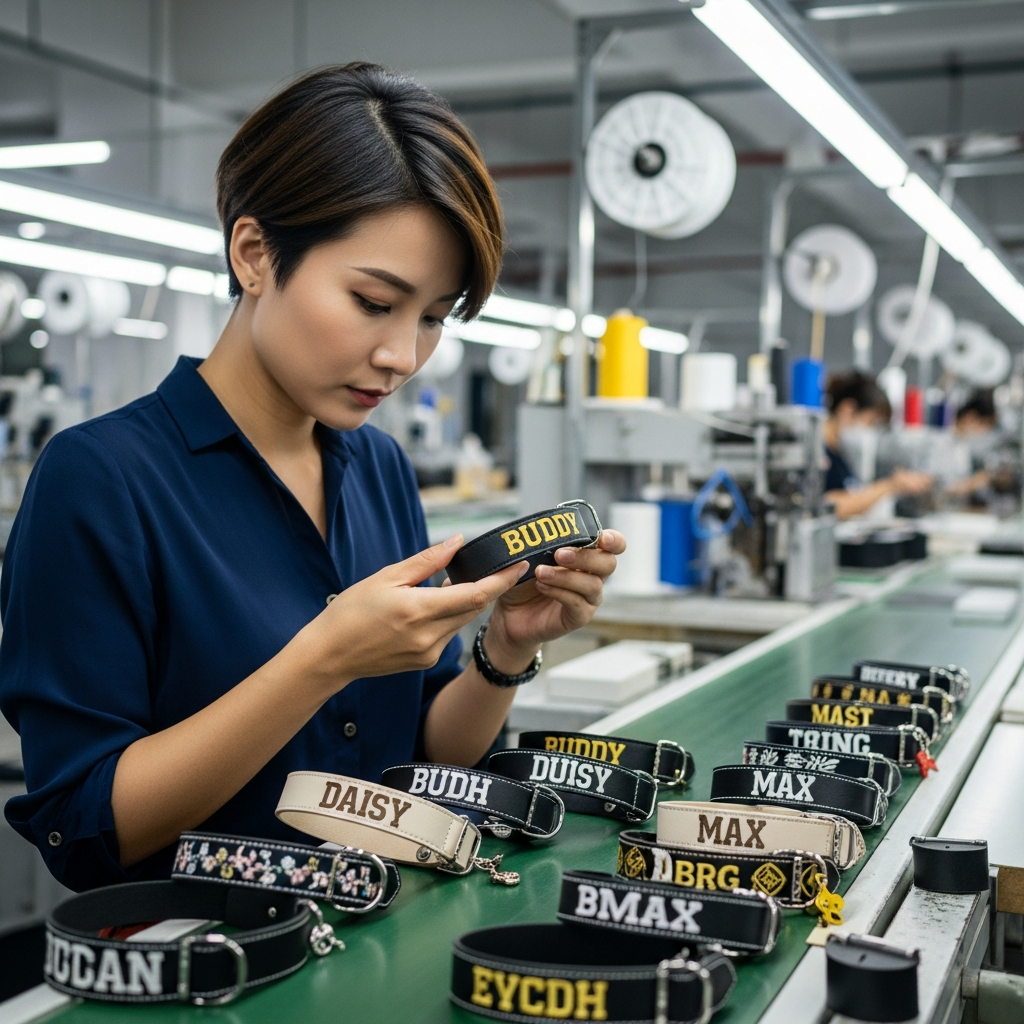 a designer inspecting personalized dog collars on a production line
