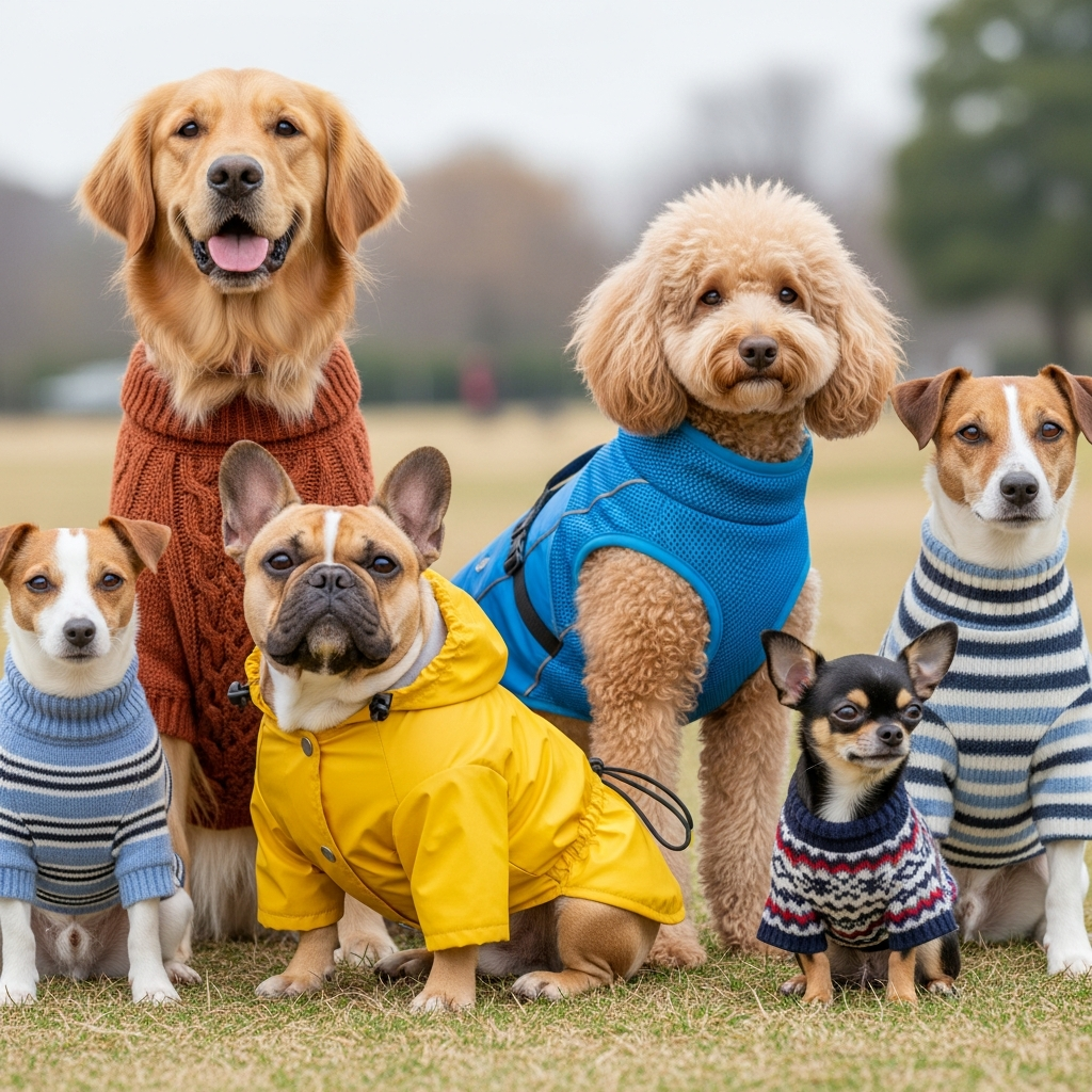 a variety of dogs of different breeds wearing well-fitting sweaters, raincoats, and cooling vests
