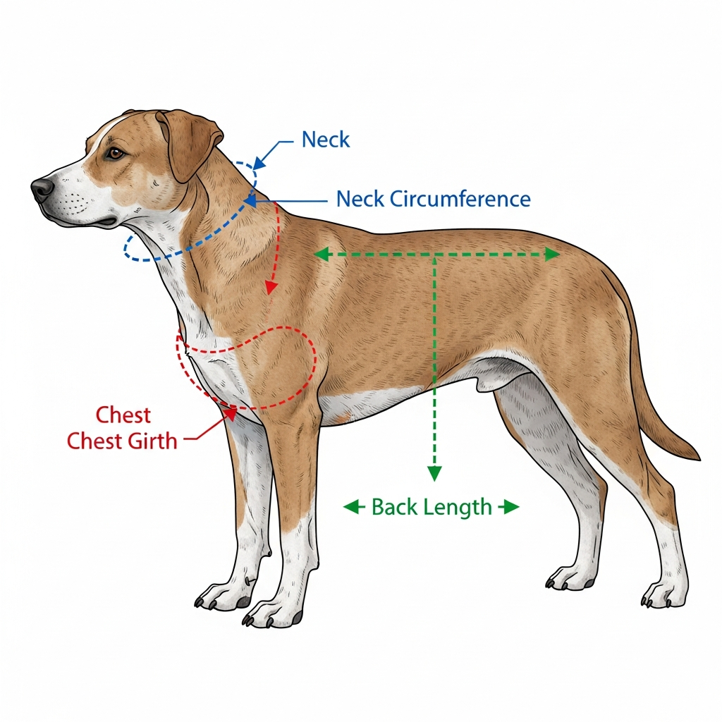 a diagram showing the key measurement points on a dog's body: neck, chest, and back length